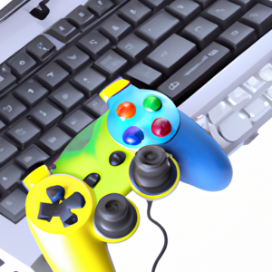 A laptop computer with a colorful gaming controller attached to it.