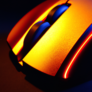 A closeup of a gaming mouse with its customizable features illuminated.