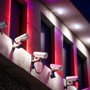 A high-tech security system with various sensors and cameras illuminated in the night.