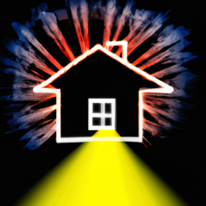 An abstract image of a house with a glowing light emanating from it.