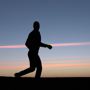 A silhouette of a person running with a fitness tracker on their wrist, set against a backdrop of a sunrise.