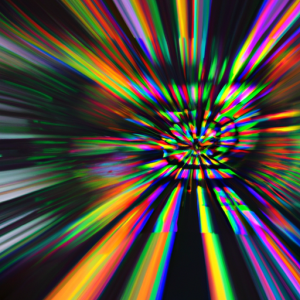 An abstract image of a computer monitor with various colored shapes and lines radiating outward.