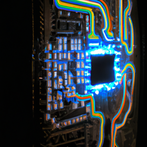 A computer monitor with a glowing circuit board inside.