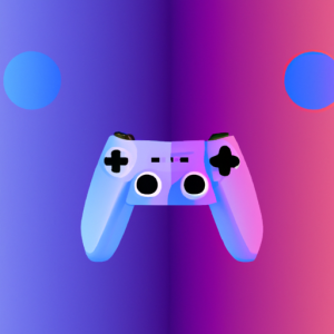 An illustration of a game controller with a bright blue and pink gradient background.