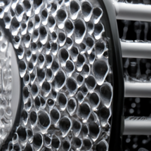 A close-up of a computer fan or radiator with water droplets in the foreground.
