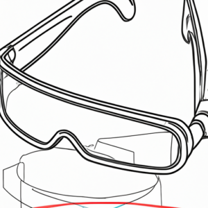 Outlined futuristic glasses with augmented reality elements emanating from them.