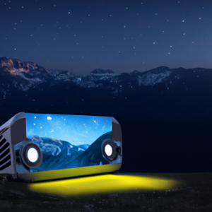 A portable projector with a landscape of mountains and stars in the night sky.