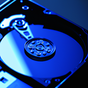 A computer with a large hard drive being illuminated by a blue light.
