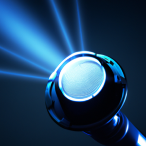 A futuristic-looking microphone with a blue light emanating from the center.