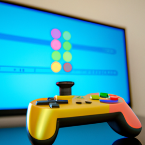 A game controller connected to a TV with a colorful game menu on the screen.