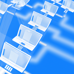 A blue and white abstract illustration of a computer network connecting multiple storage devices.