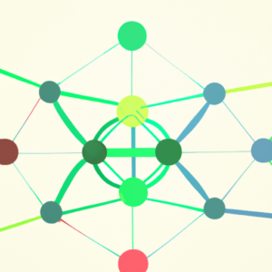 A colorful illustration of a network of interconnected nodes with a focus on the center node.