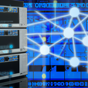A computer server with a diagram of a network connection in the background.