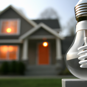 A modern home with a connected lightbulb in the foreground.