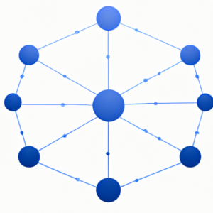 A white background with a blue abstract network diagram.