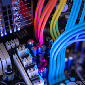 A computer motherboard with illuminated LEDs and colorful cables.