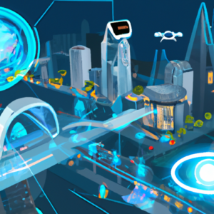 A futuristic cityscape with augmented reality elements such as holograms, drones, and virtual objects.