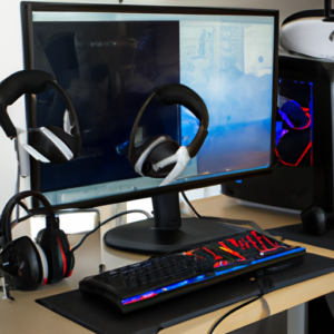 A computer with a gaming setup, featuring multiple gaming controllers and a headset.