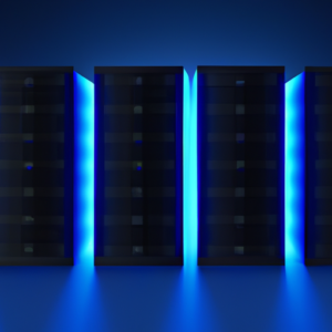 A row of network storage devices connected to each other with a glowing blue light.