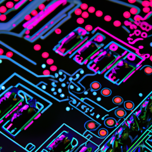 A close-up of a computer circuit board with brightly lit LEDs.