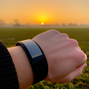 A person wearing a fitness tracker on their wrist, with a background of a sunrise.