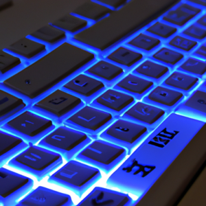 A close-up of a keyboard with glowing blue keys.