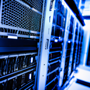 A row of network storage devices in a data center, illuminated by blue lights.