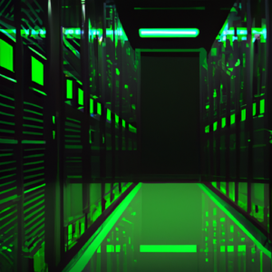 A network of interconnected shiny metallic server towers in a dark room with glowing green lights.