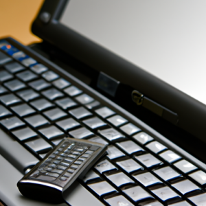 A laptop computer with a portable bluetooth keyboard in the foreground.