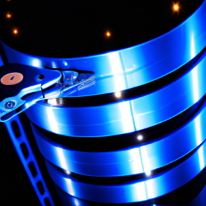 A data storage hard drive connected to a network server and glowing with a blue light.
