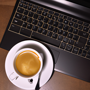 A laptop with a Bluetooth keyboard and a cup of coffee.