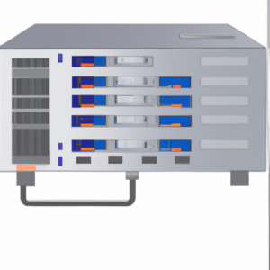 A computer server with a hard drive and multiple ports connected to a network.