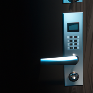 A close-up of a modern door lock with an illuminated keypad.