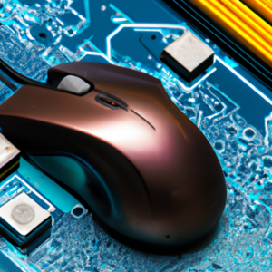 A gaming mouse with integrated heat-sink and processor chip on a circuit board.