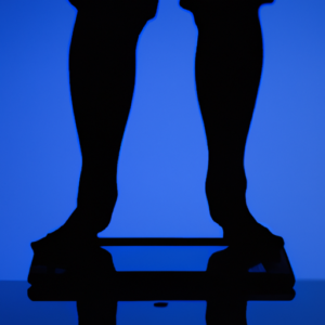A silhouette of a person standing on a digital scale with a blue background.