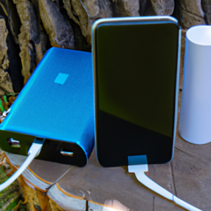 A portable power bank charging a smartphone in an outdoor setting.