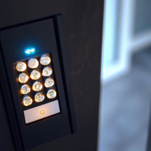 A close-up of a modern electronic door lock with a glowing keypad.
