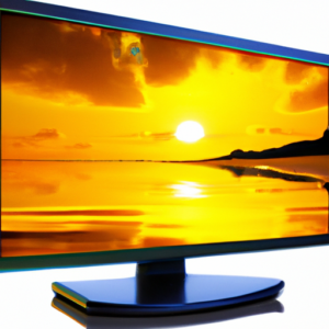 A bright yellow computer monitor displaying a vivid sunset landscape.