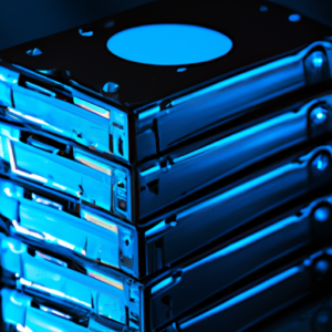 A stack of external hard drives with a blue light emanating from the center.