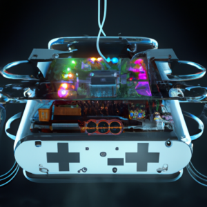 A 3D rendered abstract image of a futuristic gaming console with glowing lights and wires.