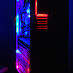 A computer tower with a series of colorful LED lights inside.