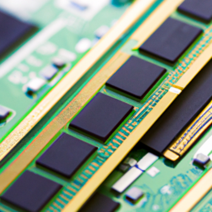 A close-up of a computer memory RAM chip with its component parts visible.