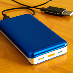 A bright blue power bank charging a smartphone.