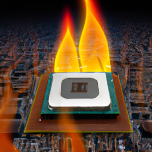 A CPU chip with a circuit board background and a flame rising from it.