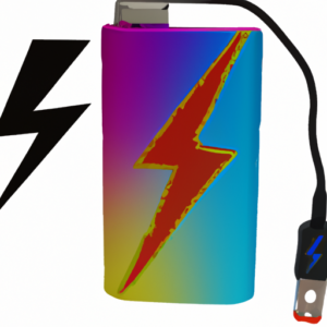 A brightly-colored portable power bank with a lightning bolt emanating from it.