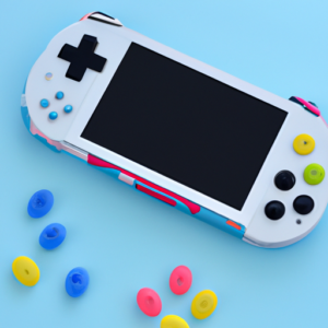 A handheld gaming device with colorful buttons against a blue background.
