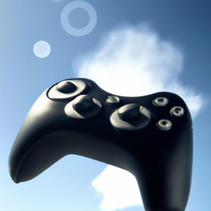 A gaming controller hovering in front of a blue sky with wisps of clouds.