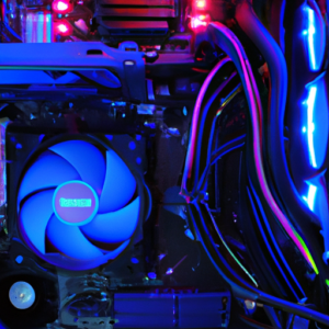 A computer with multiple components connected to a motherboard and case, illuminated by blue LEDs.