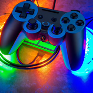 A gaming controller connected to a hard drive with a rainbow of colorful LED lights.