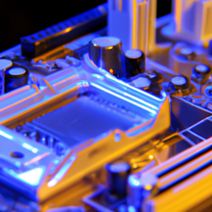A close up of a computer motherboard with illuminated lights.